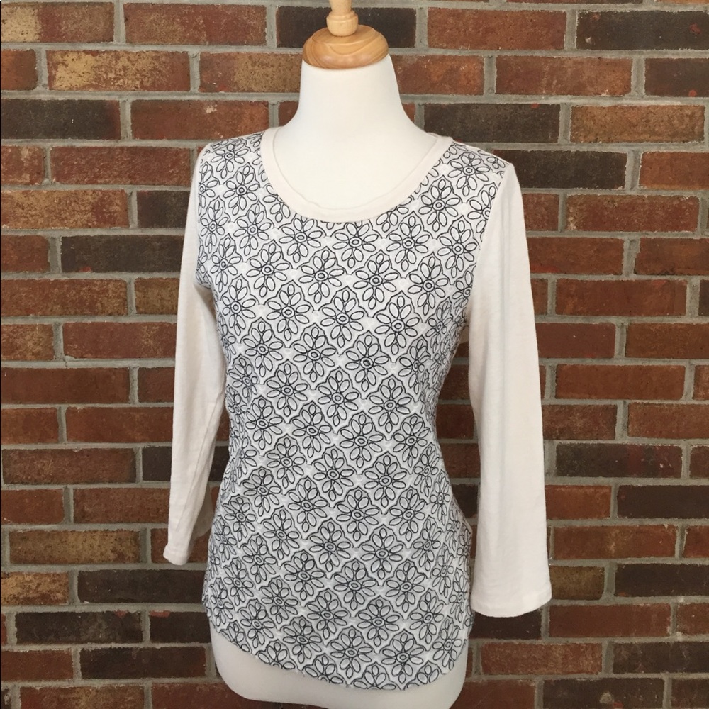 J Crew Cotton Shirt w/Black Embroidered Flowers